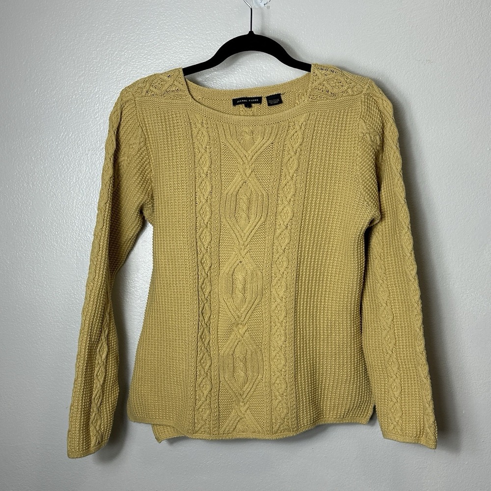 Jeanne Pierre Women's Large Yellow Boho Sweater 100% Cotton Pullover Long Sleeve
